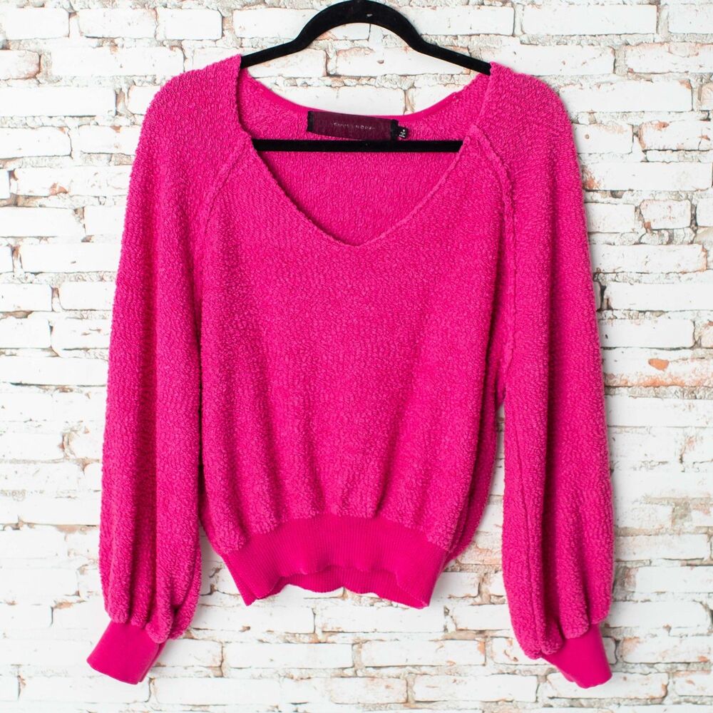 Code X Mode Womens M Hot Pink Boucle Knit Sweater V Neck Balloon Sleeve Pullover